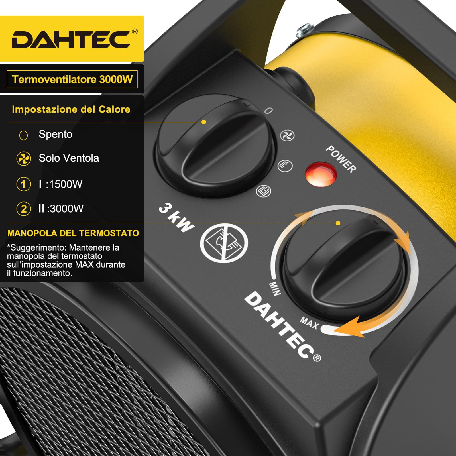 Stufetta Elettrica 3000W - Ceramico Riscaldamento Rapido in 3 s | Termoventilatore Basso Consumo - Radiatore Elettrico - Adatto per la Bagno, Casa, l'ufficio e il Cantiere