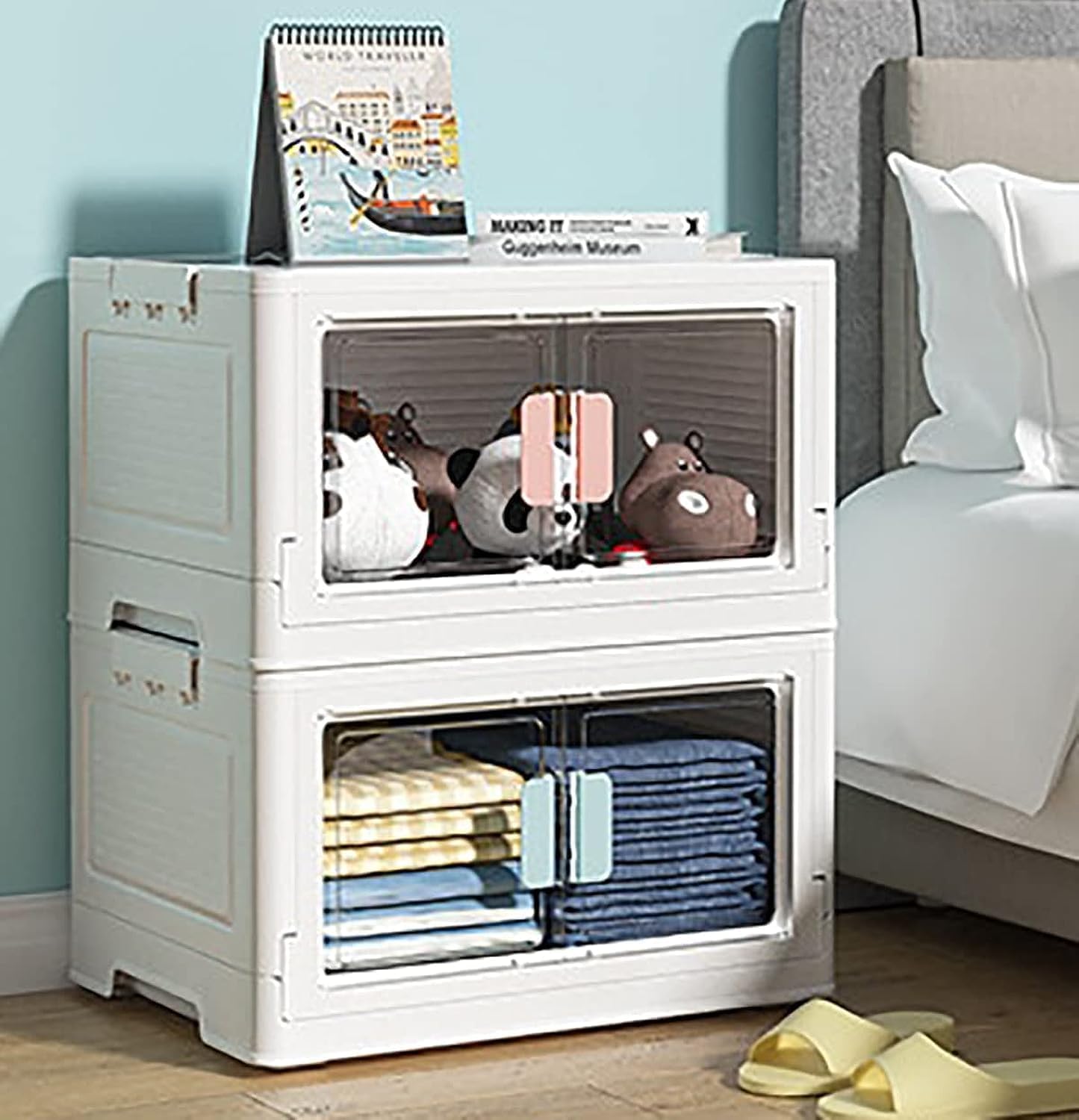 Foldable Storage Box, Extra Large Dual Opening Storage Organizer, 52L Stackable Bins with Lids and Wheels for Clothes, Snacks,Toys & Books, Collapsible Container for Home Office Outdoor Car (2-Pcs)