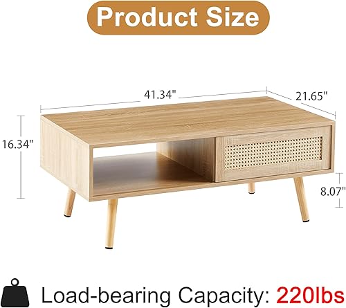 Miniatura 9 de Mesa de centro de madera moderna de mediados de siglo con soporte de ratán de polietileno, mesa de café rectangular de madera maciza de 47 pulgadas,