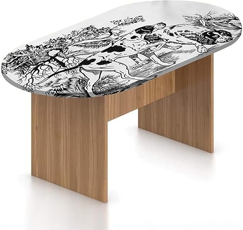 Mantel ovalado ajustable para patio, mantel de poliéster elástico para caza, perros de caza en el bosque, mantel ajustable con estampado de dibujo