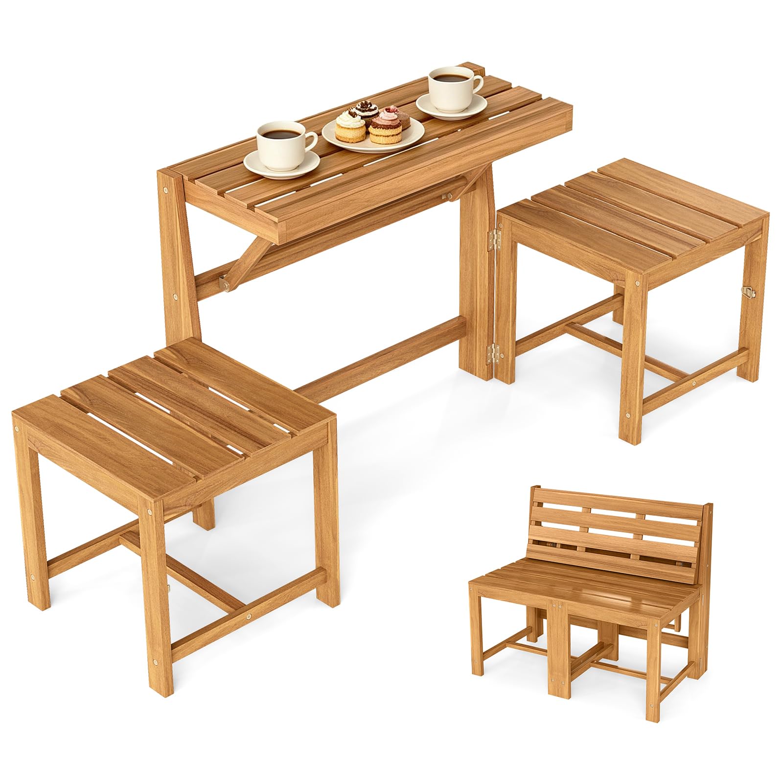 Banc Exterieur Jardin Convertible 3 en 1 en Bois d'Acacia avec Table Rabattable et 2 Chaises Intégrées pour Terrasse Balcon