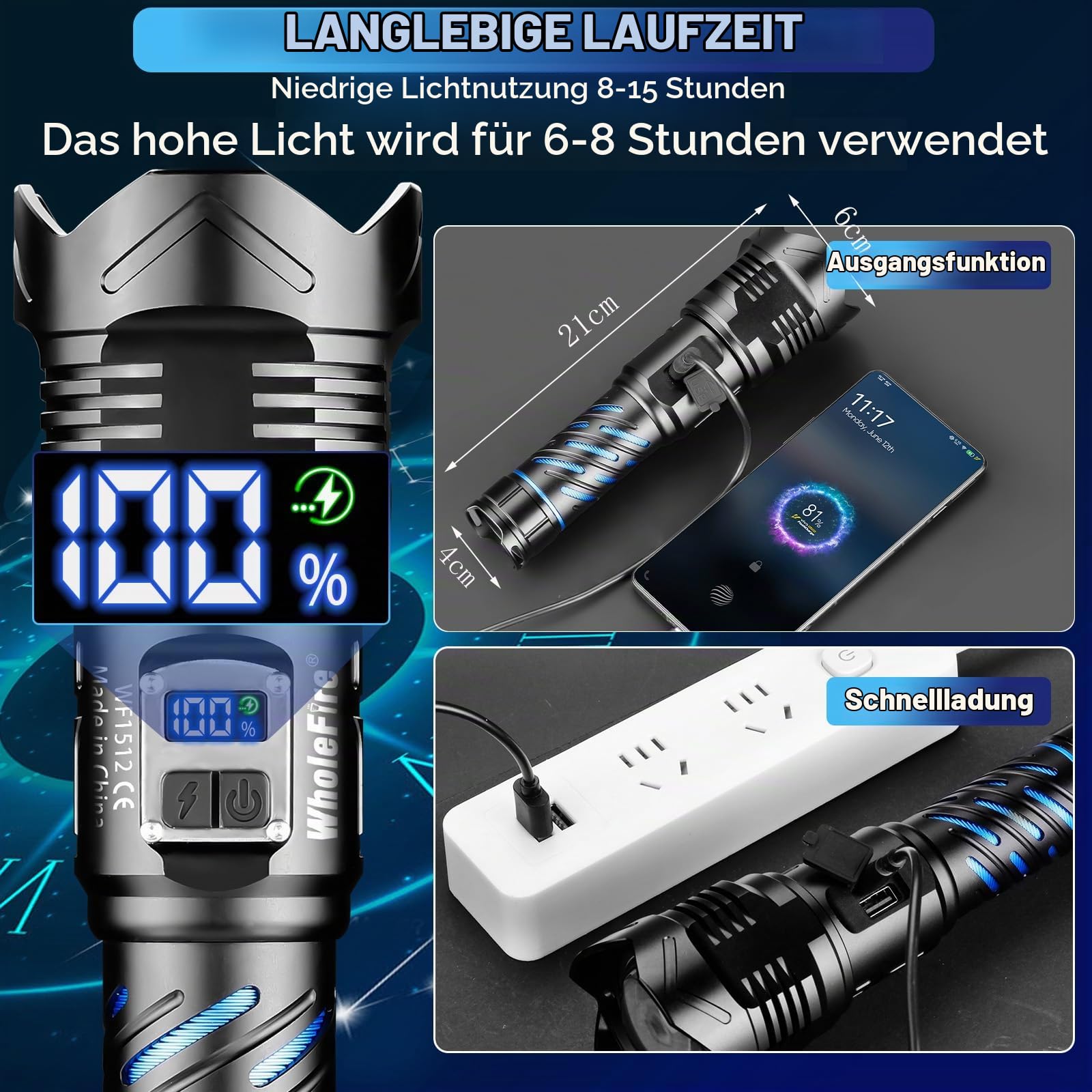 Taschenlampe LED Aufladbar 150000 lumen 5 Modi mit Zwei Schaltern