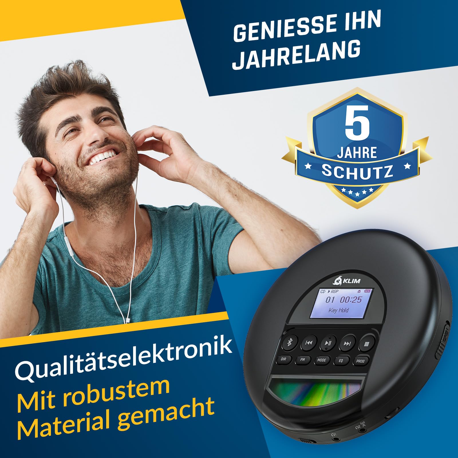 KLIM Nomad CD Player Bluetooth - Tragbarer CD-Player mit langlebigem Akku - Inklusive Kopfhörer - 16GB TF Card - CDR, CDRW, MP3 - Mit TF-Reader, Radio FM - Ideal für Autos - Portable Diskman - Schwarz