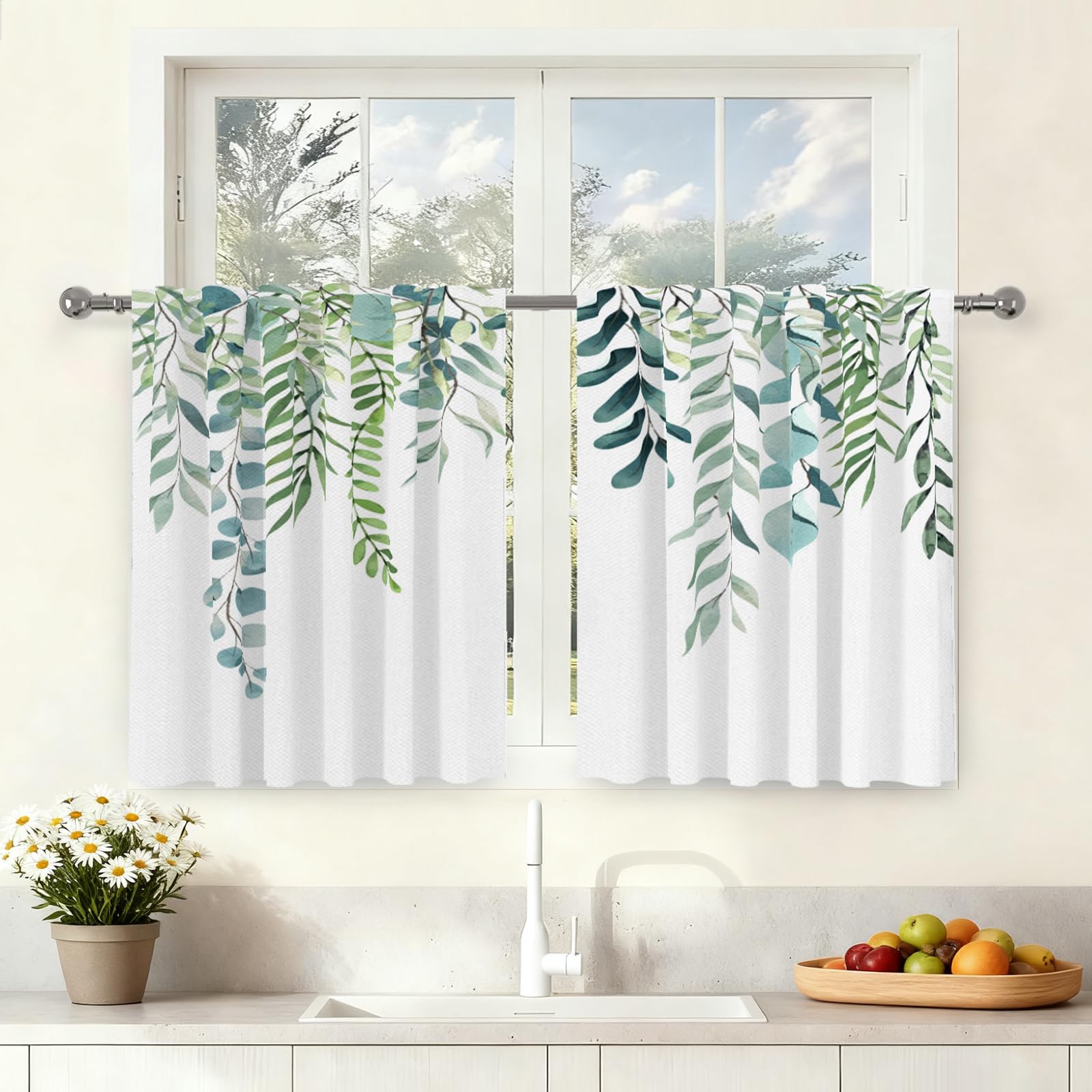 Rideaux feuilles aquarelles Renaiss 66x91.4 cm lot de 2 au design artistique vert sauge