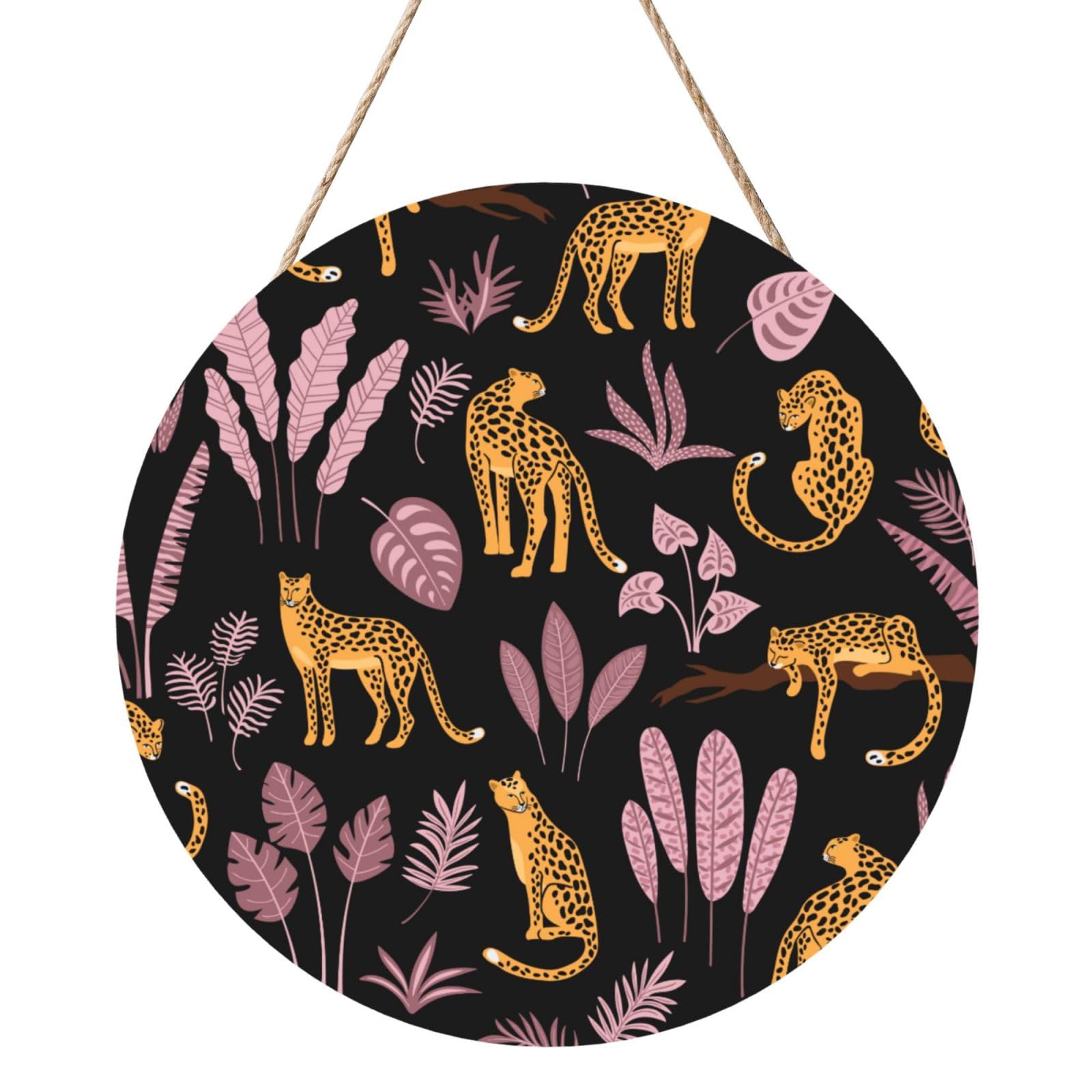 InOmak Leopard Tropical Pattern, Round Wood Panel Painting 12 in, Wall Hanging Painting For Home