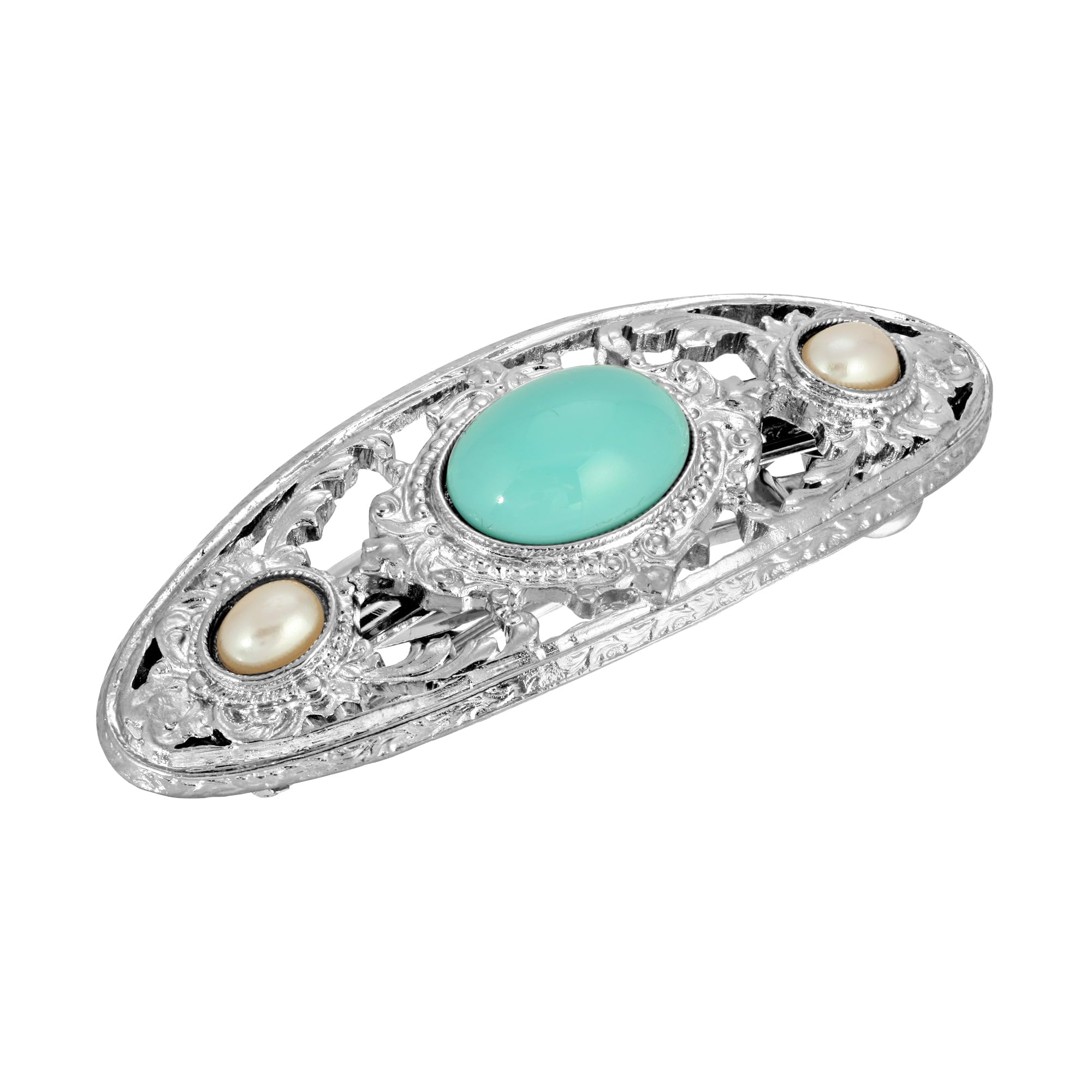 1928 Jewelry Silver Tone Turquoise Color And Faux Pearl Stone 3 Inch Hair Barrette Clip For Women, (1 Pcs)