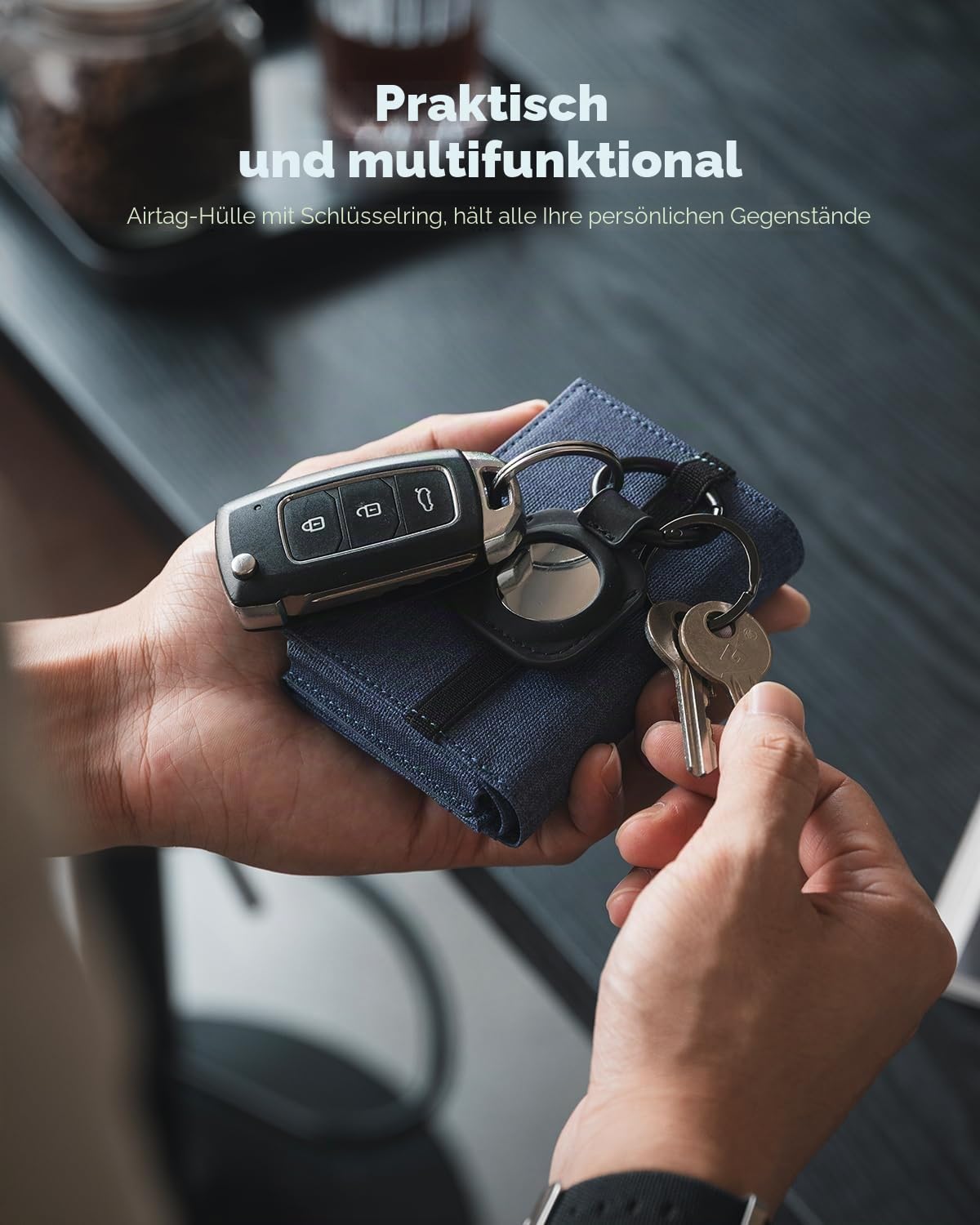 VULKIT Airtag Geldbörse Herren mit Ausweisfenster Kartenetui Herren mit Geldscheinfach Kreditkartenetui RFID Schutz mit Airtag Schlüsselanhänger, Navy Blau