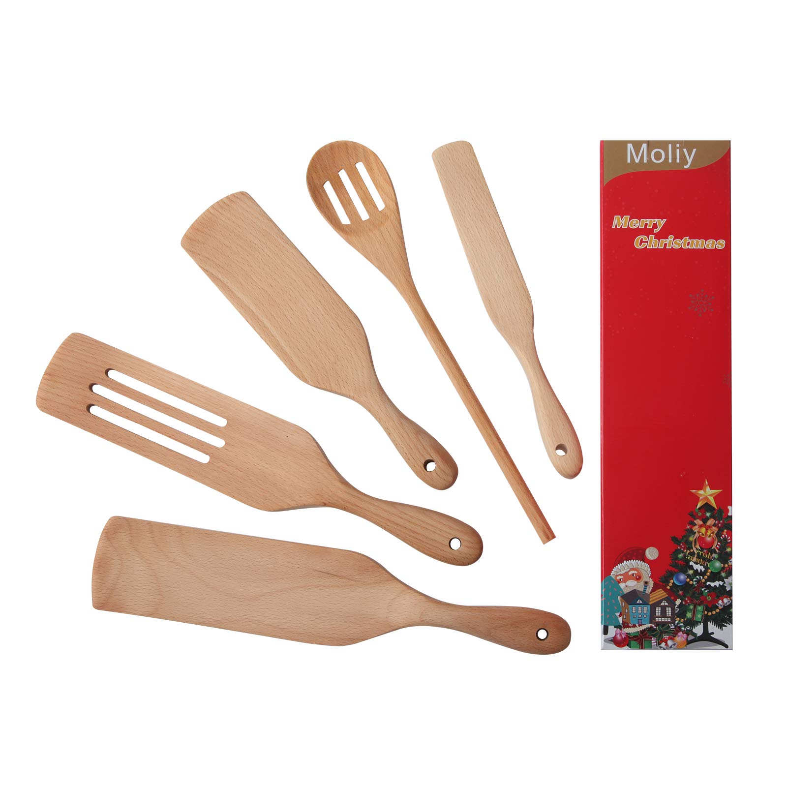 Spurtles kitchen tools,5 pcs cooking utensils,Beech wooden spoons for cooking,Slotted Spoon & spatula kitchen utensils Set...