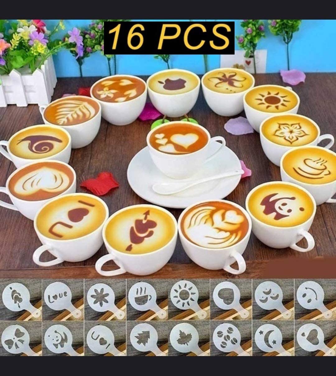 A2K Zone Creative Nice Coffee Stencil Coffee Template Strew Spray Art Stencils Set Chocolate Design, Milk, Cake, Cupcake, White Color 16 Pcs.