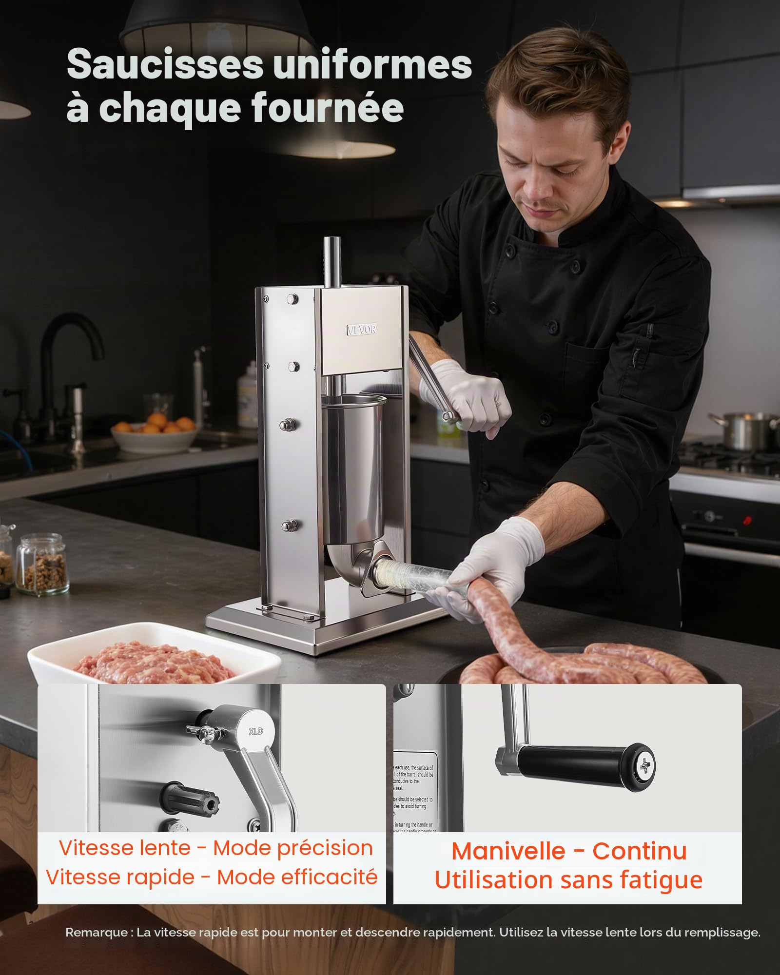 VEVOR Poussoir à Saucisses Manuel 3 L, Machine à Saucisses Verticale, Appareil pour Remplissage de Saucissons Restaurant Boucherie Maison, en Acier Inoxydable, Deux Vitesses, 5 Tubes de Remplissage