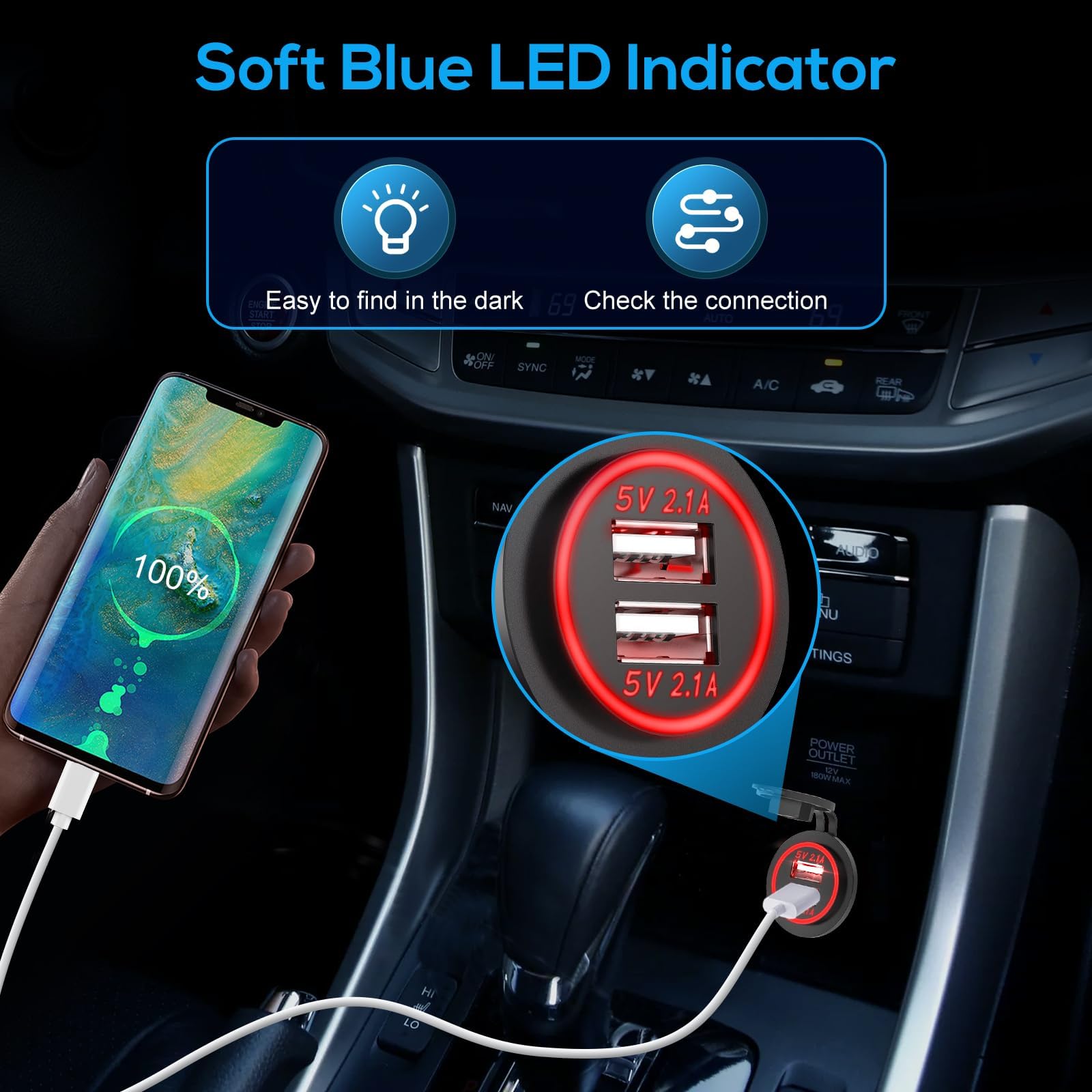 BELVA BA2USB Hard-Wire Dual USB Charger - 12V Car Charging Port With LED Light