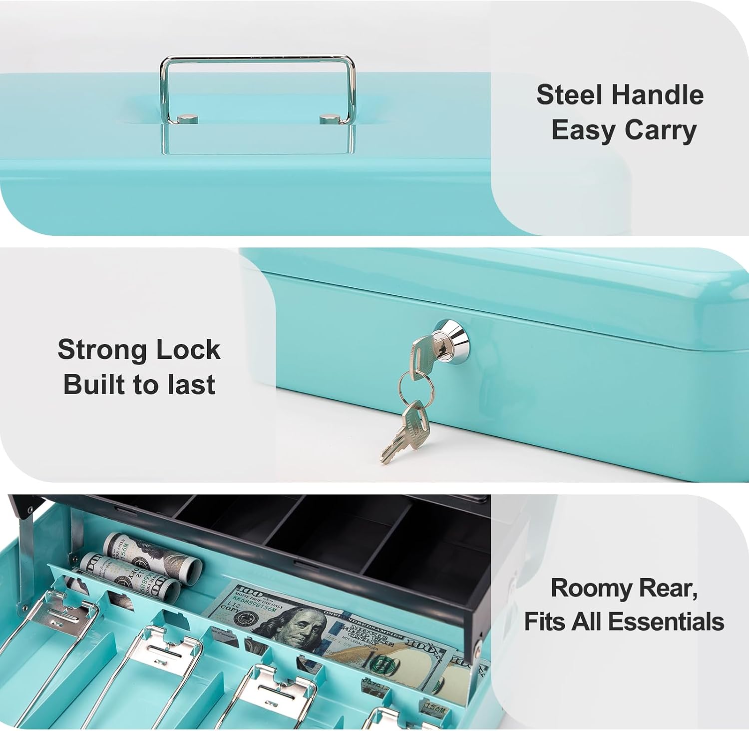 Cash Box with Key Lock & Auto-Pop Coin Tray – Secure Steel Money Box with 4 Upgraded Finger-Safe Bill Clips, Premium Smooth Scratch-Resistant Coating, 11.8"L x 9.5"W x 3.5"H, KL Teal image 5