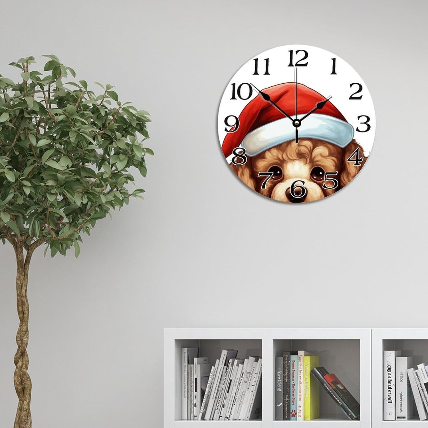Vintage Decorative Wood Clock 12x12 in,Christmas Hat Peeking Dog Poodle Round Wooden Wall Clock for Kitchen Dining Room Home Decor Rustic Wall Art Wooden Clock Funny Dog Gifts for Dog Lover