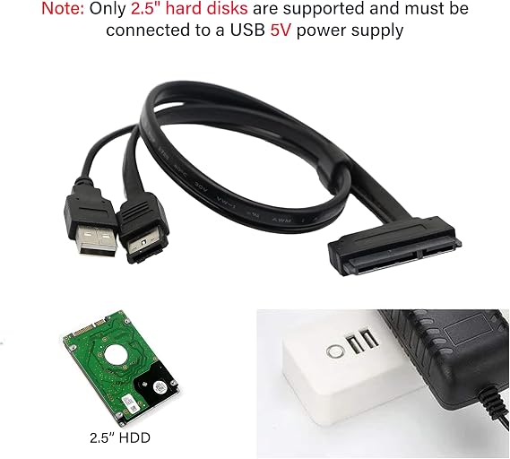 SinLoon 2.5'' Hard Disk Drive SATA 22Pin to eSATA Data 5V USB Powered Cable Adapter for Optimized for SSD, Support UASP SATA IIIEC-SSHD(Black)