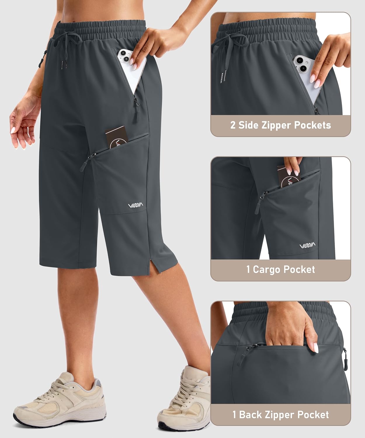 Viodia Women's 15" Hiking Shorts Long Bermuda Cargo Capris Knee Length Lightweight Shorts Quick Dry Elastic Waist for Casual - Image 3