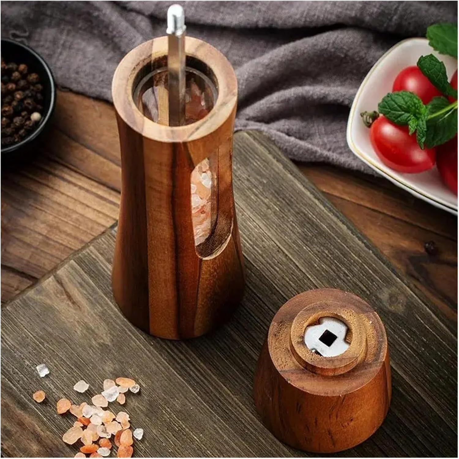 8inch Sets Wooden Salt and Pepper Grinder With Base,Ceramic Core Transparent Window Manual Pepper Kitchen Spice Shaker Set(2Pcs)