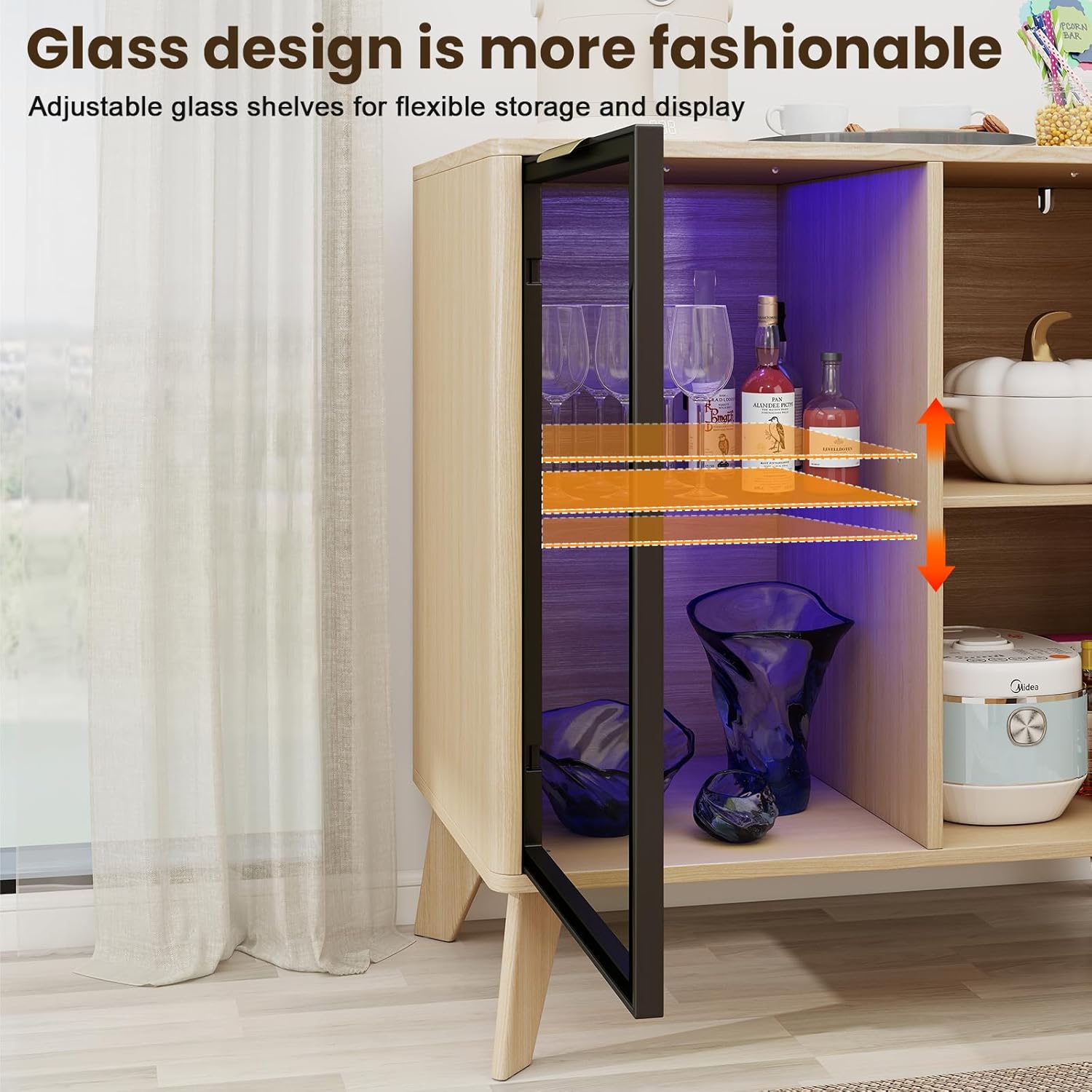 Fluted Buffet Cabinet with Storage, Small Coffee bar Cabinet with Adjustable Shelf for Kitchen, Wood Buffet Cabinet Sideborad with Glass Door, Buffet Storage Cabinets for Living Room
