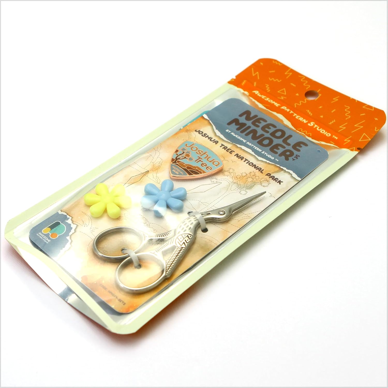Awesome Pattern Studio Needle Minder Set - Joshua Tree Magnetic Needle Minder + 2 Needle Threaders + Crane Scissors. Enamel Pin for Cross Stitch, Embroidery and Craft