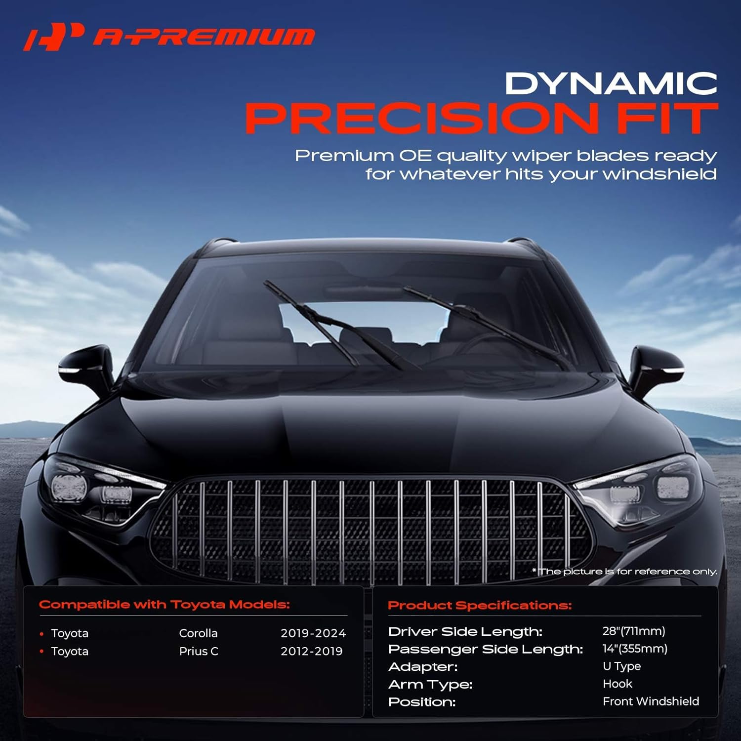 A-Premium 28" + 14" Windshield Wiper Blades Compatible with Toyota Corolla 2019-2024, Prius C 2012-2019 - Hook Connector, with Wear Indicator & Towel, Left and Right (Pack of 2)