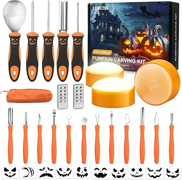 Pumpkin Carving Kit, 17 PCS Professional Stainless Steel Pumpkin Carving Tools with 3 Electronic Candles Lights and 10 Stencils, Jack-O-Lanterns Cutting Halloween Gifts for Adults