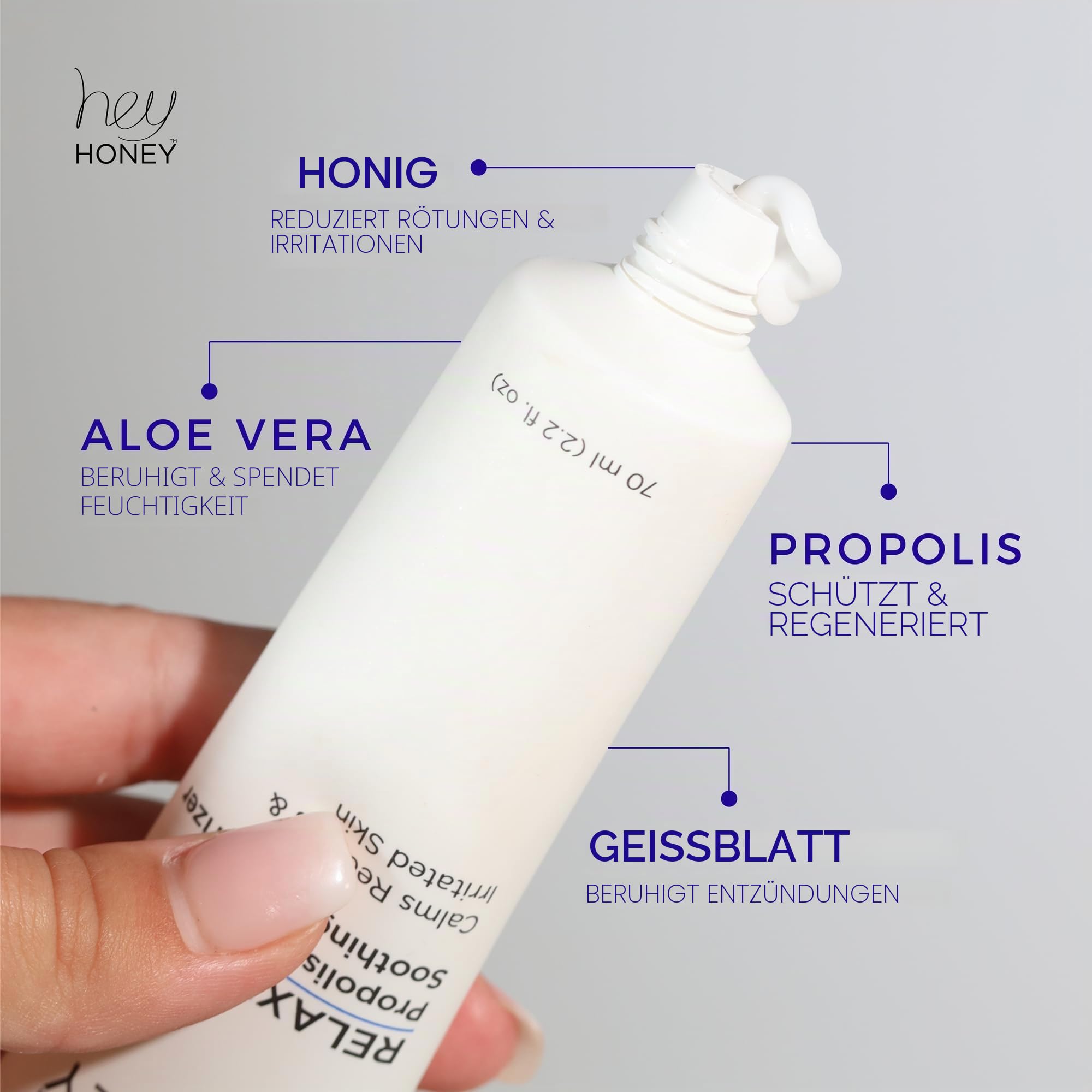 Hey Honey Relax Gesichtscreme mit Propolis & Honig für empfindliche Haut, Rosazea & Rötungen | Anti-Aging Feuchtigkeitscreme für reife Haut | Dermatologisch getestet, ölfrei | 60g