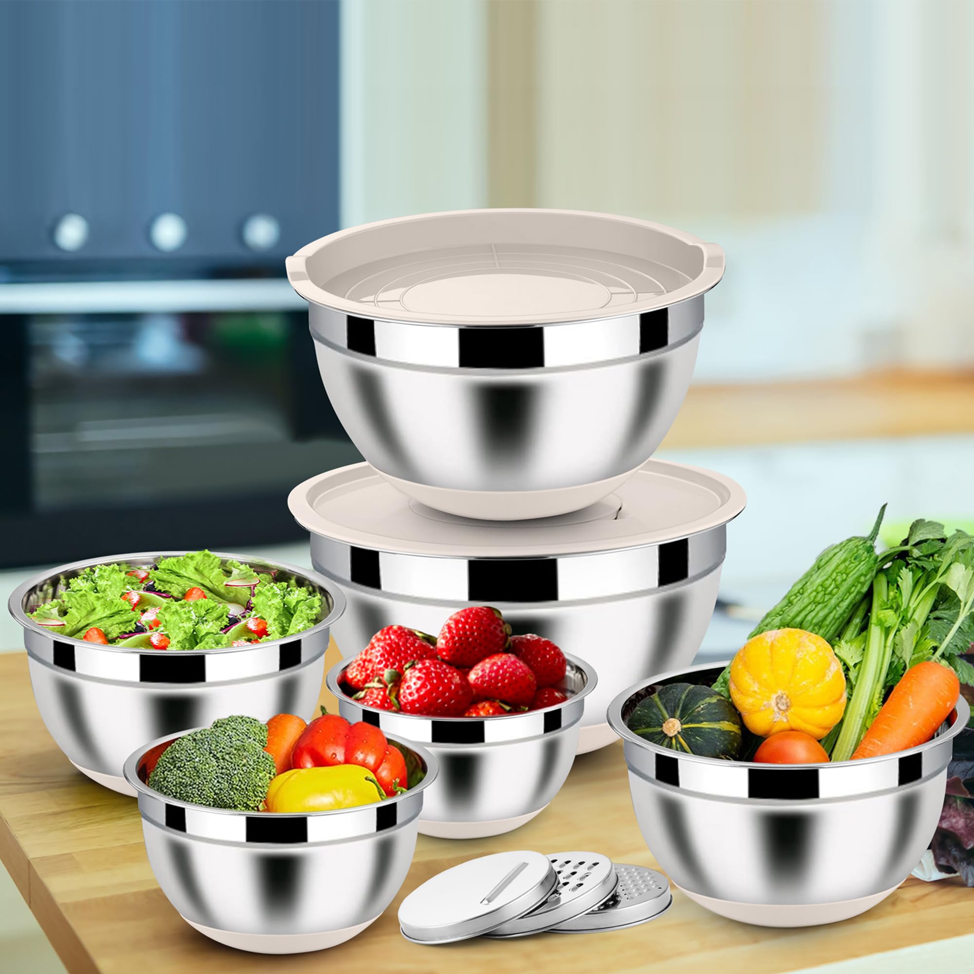 Homikit Lot de 6 saladiers en acier inoxydable avec 3 embouts de râpe, couvercle hermétique et fond en silicone, 4,6 l/2,8 l/2,5 l/1,6 l/1,2 l/0,7 l, empilables, kaki