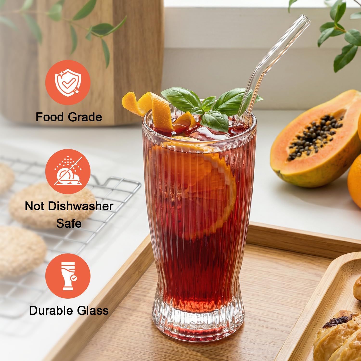 Ribbed Drinking Glasses Set of 6, 12 oz Glasswar and Glass Straws, Clear Water Glasses Kitchen Bar Glassware Set, Great for Cocktail and Other Beverages