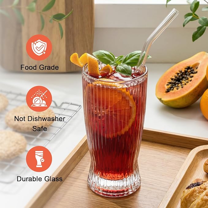 Juego de 6 Vasos Ribeteados de 12 oz con Sorbetes de Vidrio miniatura 3