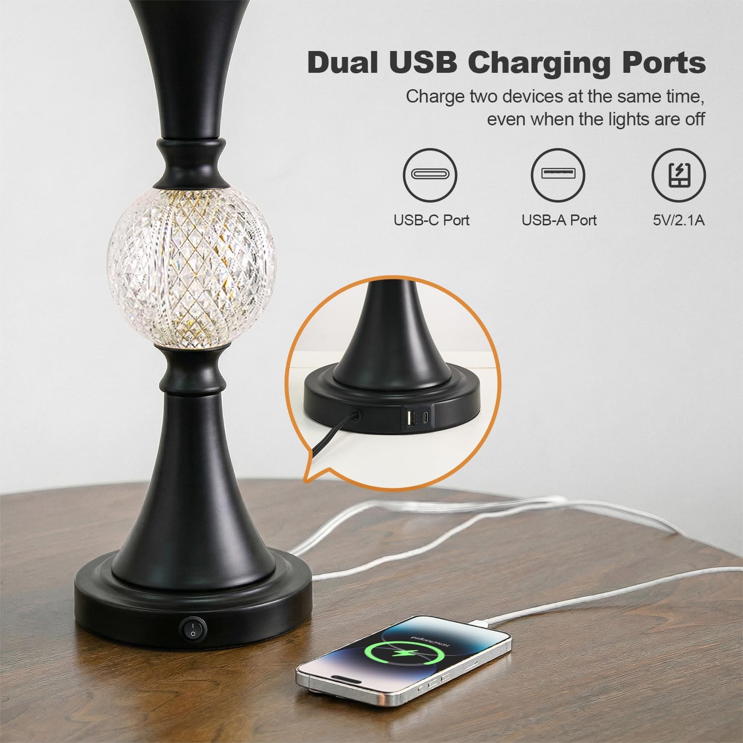 Oneach 28.5" Black Table Lamps Set of 2, Tall Luxury Bedside Lamps with Night Light, USB A+C Charging Ports, Elegant Metal Nightstand Lamps for Bedroom Office End Table Decoration