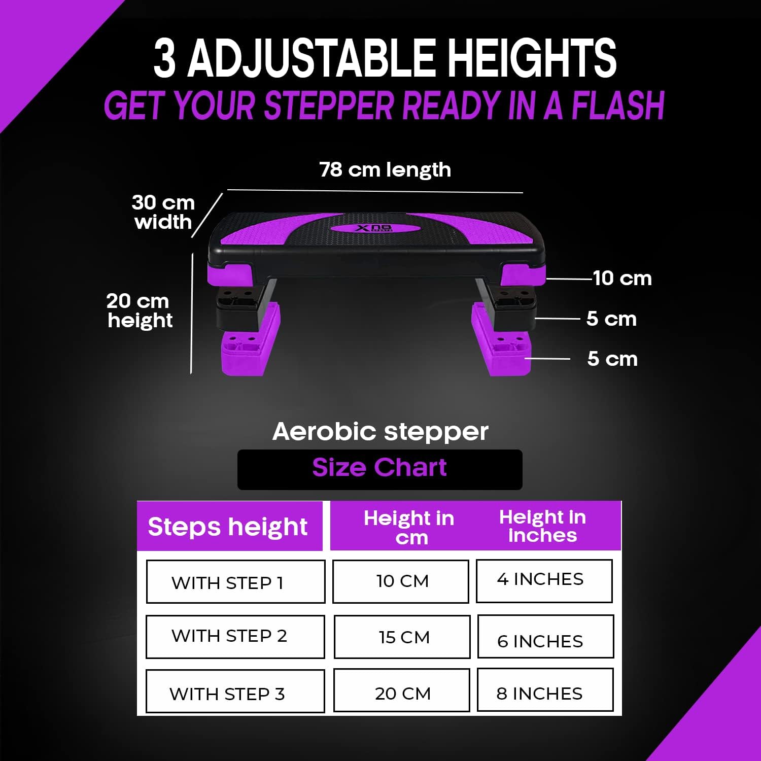 XN8 Aerobic Stepper for Exercise 3 Levels Adjustable Height 4" 6" & 8" Inch Exercise Step Platform Non Slip Step Board for Workout Home Gym Cardio Strength & Training | 31" Length x 12" Width (Inches)