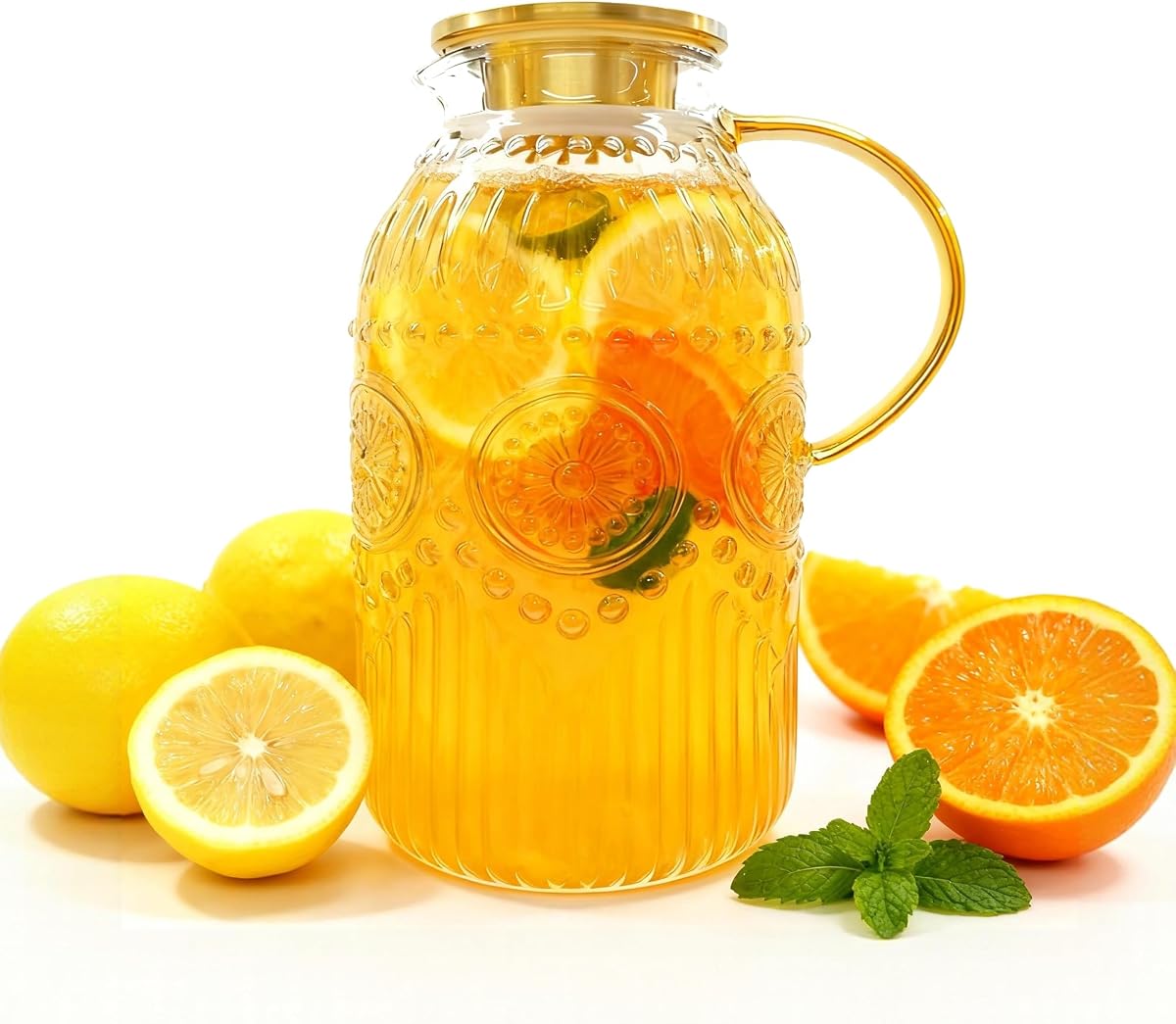 Amzcku Glass Pitcher with Lid, 101 oz/ 3 Liter Vintage Water Pitcher,Water Carafe for Cold Brew, Coffee, Lemonade, Iced Tea,Beverage, Heat Resistant Water Glass Jug 1Pack