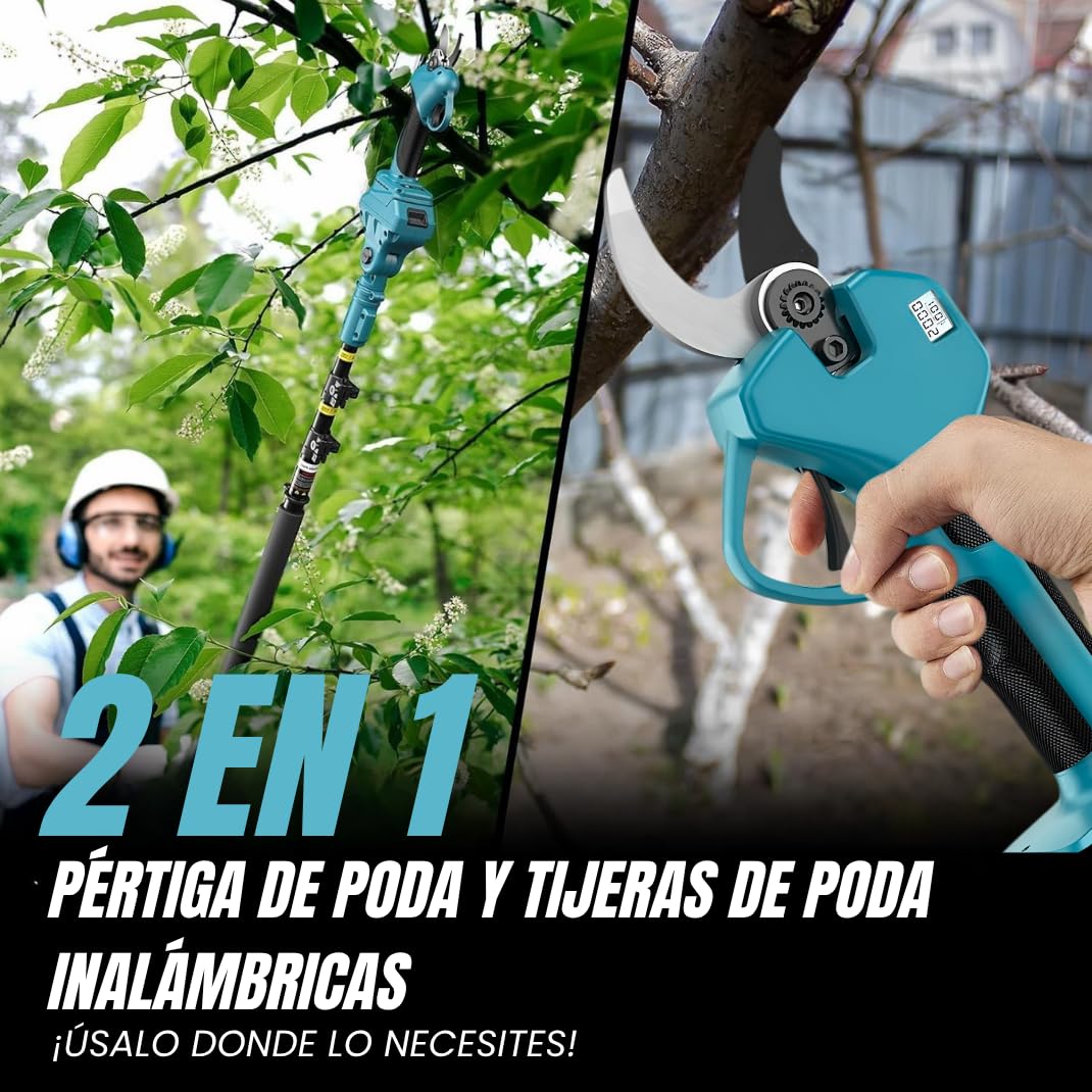 Kit de Poda a Bateria Profesional | Motosierra Lubricada con Depósito de Aceite + Tijeras de Podar Electricas 40 mm | Pertiga Telescopica hasta 4,5 m y Mango de Agarre | Incluye 2 Baterias