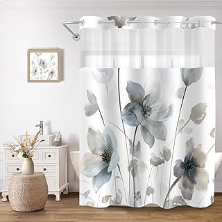 No Hook Shower Curtain and Liner Set, Blue and Grey Boho Floral Shower Curtains for Bathroom, Watercolor Flower Waterproof Bathroom Curtain Sets with Snap in Liner, 71x74 Inch