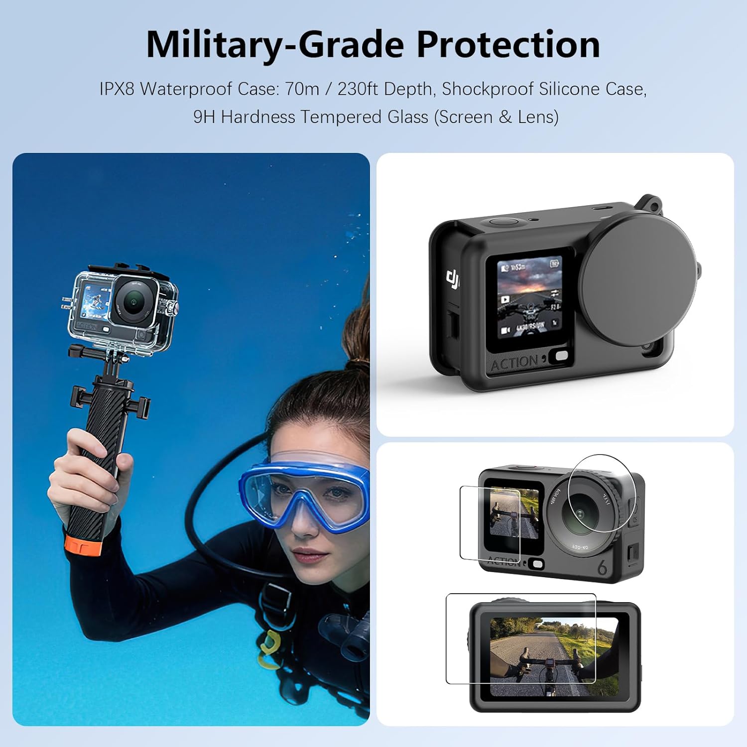 60-in-1 Accessories Kit Compatible with DJI Osmo Action 6 with 70m Waterproof Housing Case, Tempered Glass Screen Protector, Floaty Bobber Grip, Large Carrying Case, Mounts Chest/Head/Handlebar