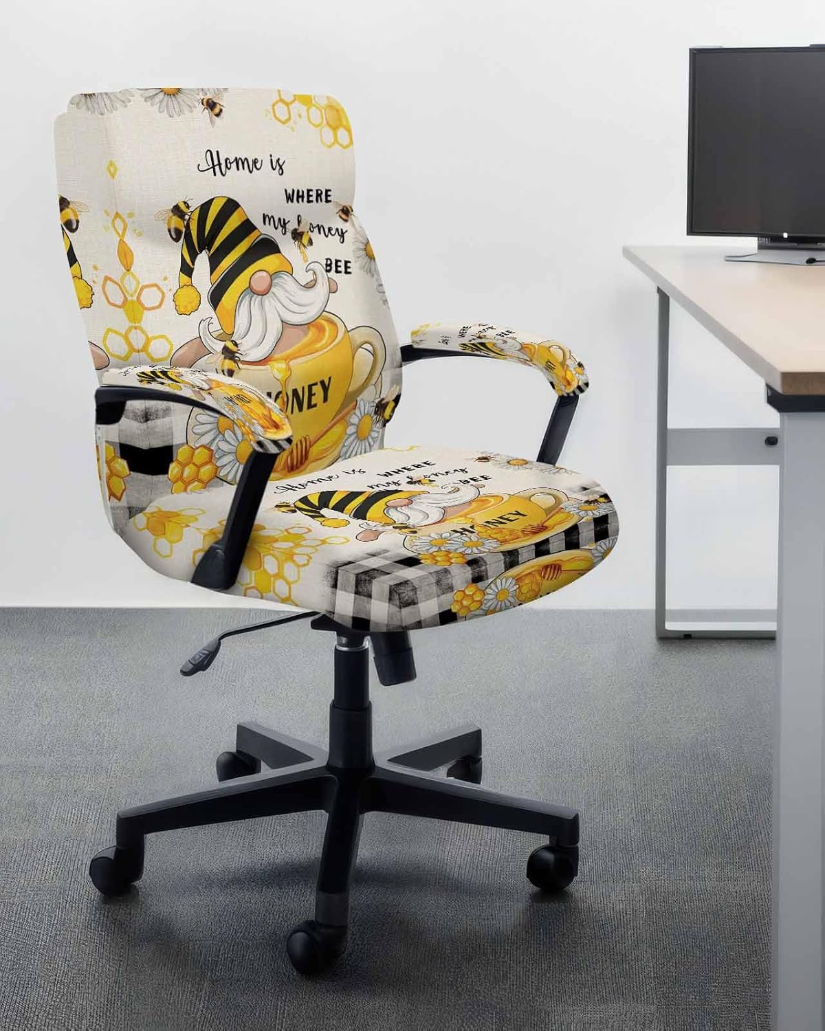 Honey Gnomes Office Chair Covers with Armrest Covers, Rotating Chair Cover, Spring Floral Yellow Summer Bee Black Plaid Gaming Chair Slipcovers with Elastic Bottom for Armchair, Medium