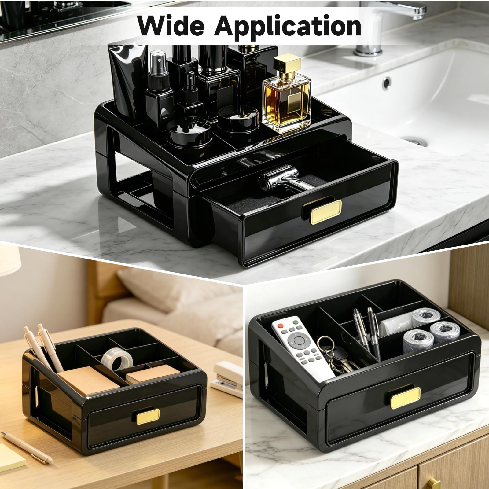 Soporte de colonia de plástico de 2 niveles con cajón y 6 compartimentos, soporte de perfume para hombres, organizador de escritorio multifuncional para tocador, entrada, baño, 11 x 7.9 x 5.4