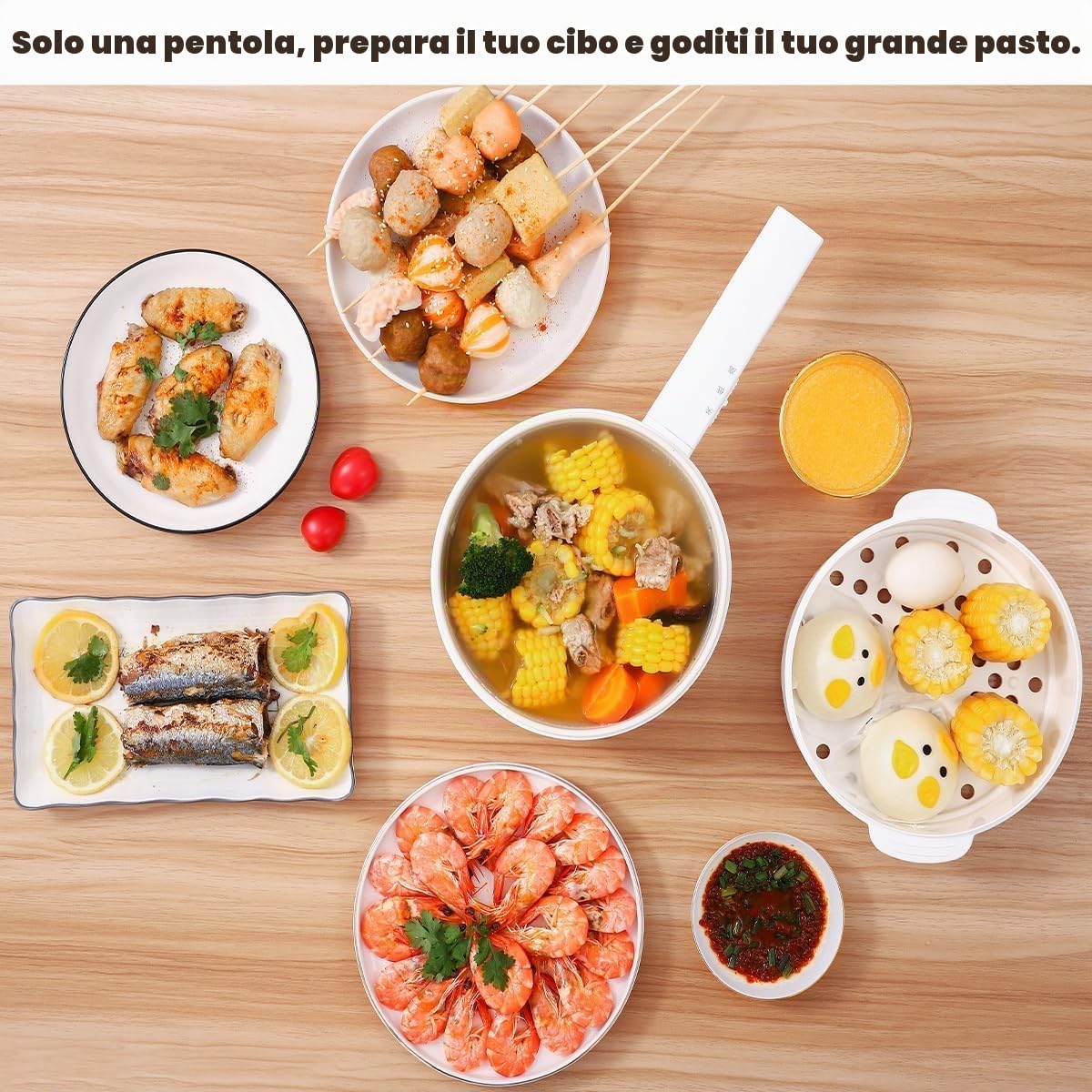 Pentola Elettrica 1.5L con Vapore, Per Friggere/Ramen/Fondue/Zuppa, Adatta per Casa/Studenti/Campeggio, Rivestimento Ceramico Antiaderente, Doppia Regolazione di Potenza, Colore Beige Chiaro