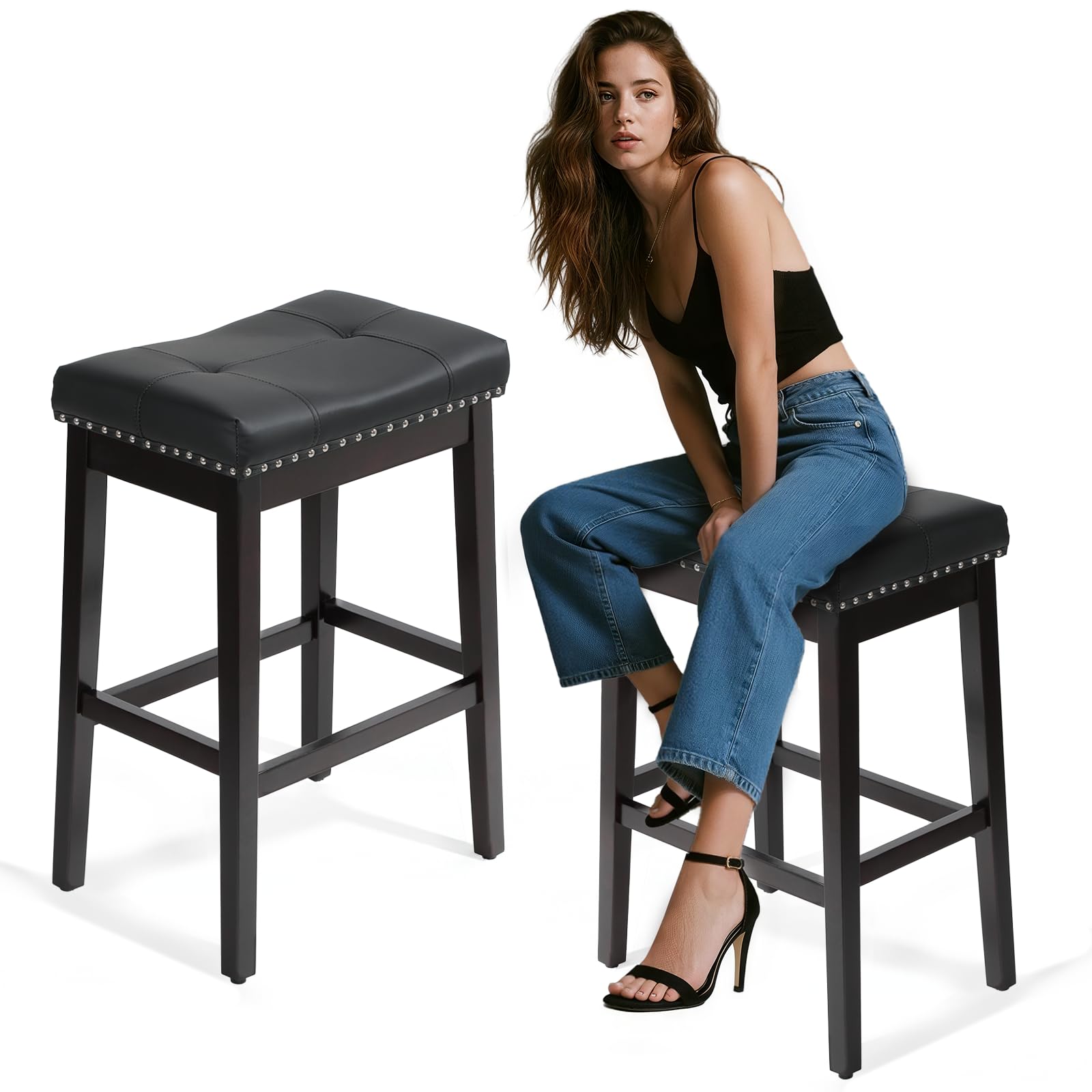 Photo 1 of 29'' Bar Stools Set of 2, Counter Height Bar Stools with Footrest, Modern Leather Seat Upholstered Barstool Chairs for Kitchen Island, Bistro, Counter, Black