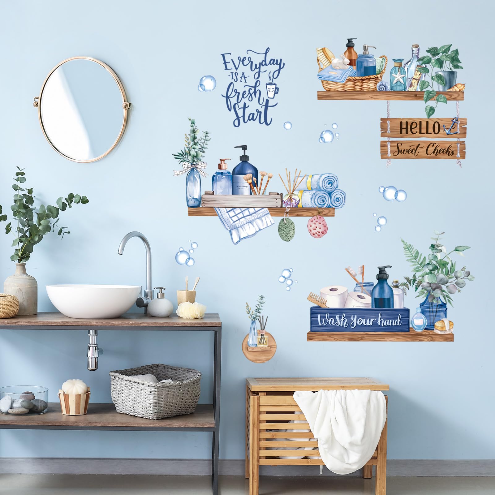 FUFUQUARE 3D Bathroom Wall Stickers Waterproof Blue Towel Shelf Toiletries Bbubbles Wall Decals DIY PVC Positive Quote Wallpaper for Bedroom Restroom Toilet