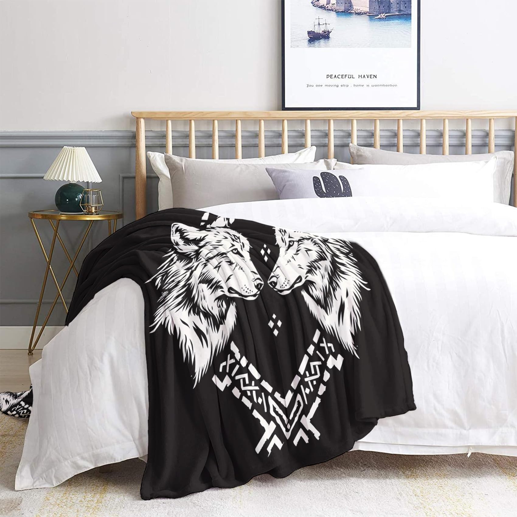 Plaid Polaire, Motif Loup Viking, Couverture Lit 2 Personnes, Jete de Canape Grande Taille 230x270, Couvertures et Plaids Flanelle Ultra Doux