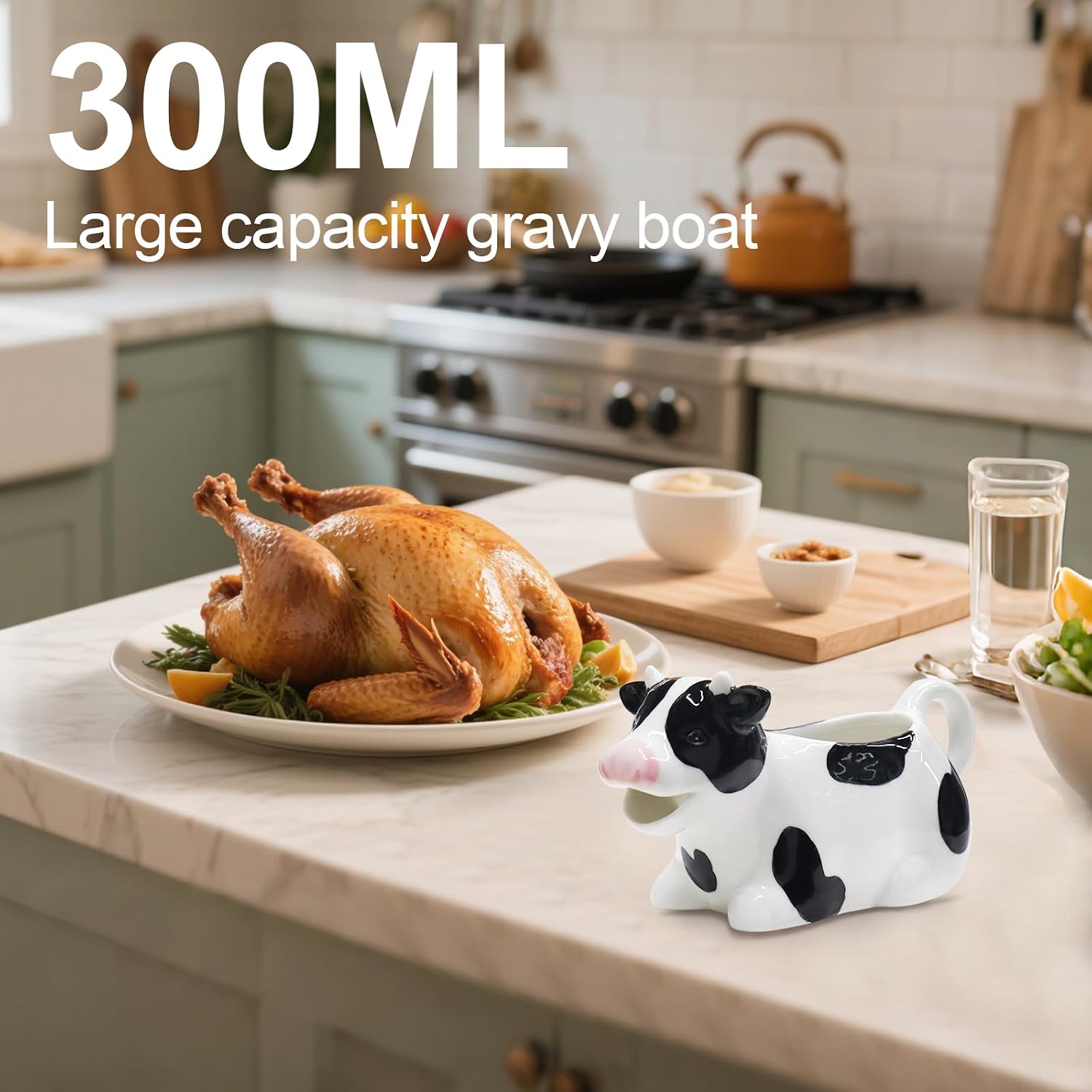 Ceramic Gravy Boat,11oz/300ml Gravy Boat Milk Cow Sauce Jug with Smooth Handle - Perfect for Serving Jars of Salad Dressing, Broth, Cream, Milk for Thanksgiving, Halloween, Christmas (White）