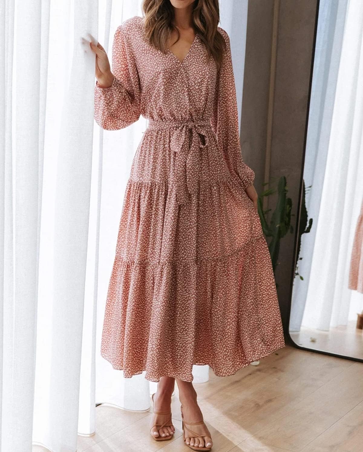 R.Vivimos Women's Fall Long Sleeve Casual Dresses Wrap V Neck Tiered Ruffle Flowy Midi Dress with Belt - Image 3