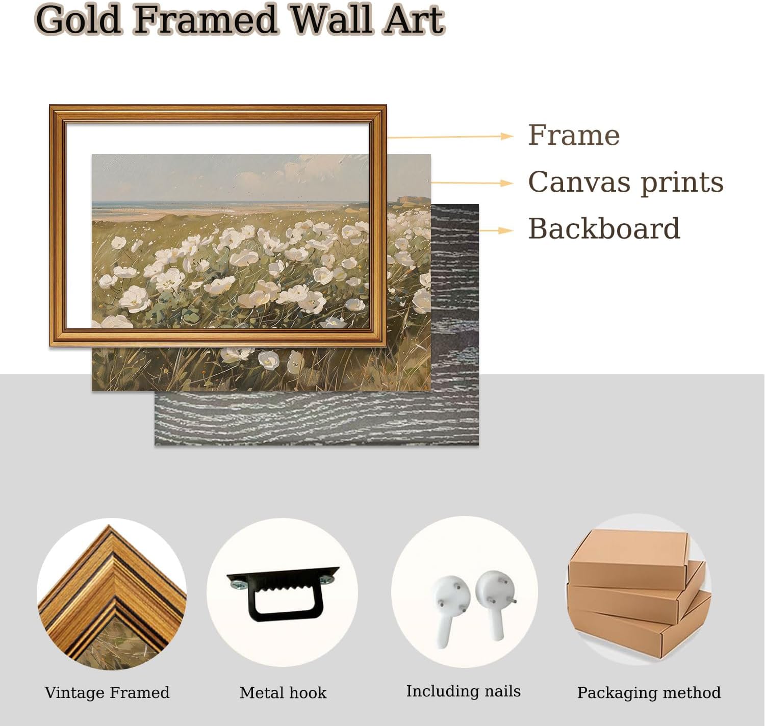 Gold Framed Wall Art Vintage Wildflower Canvas Art Farmhouse Floral Picture White Flower Wall Decor Antique Prints Rustic Paintings Landscape Artwork for Bedroom Living Room 12x16 Inch