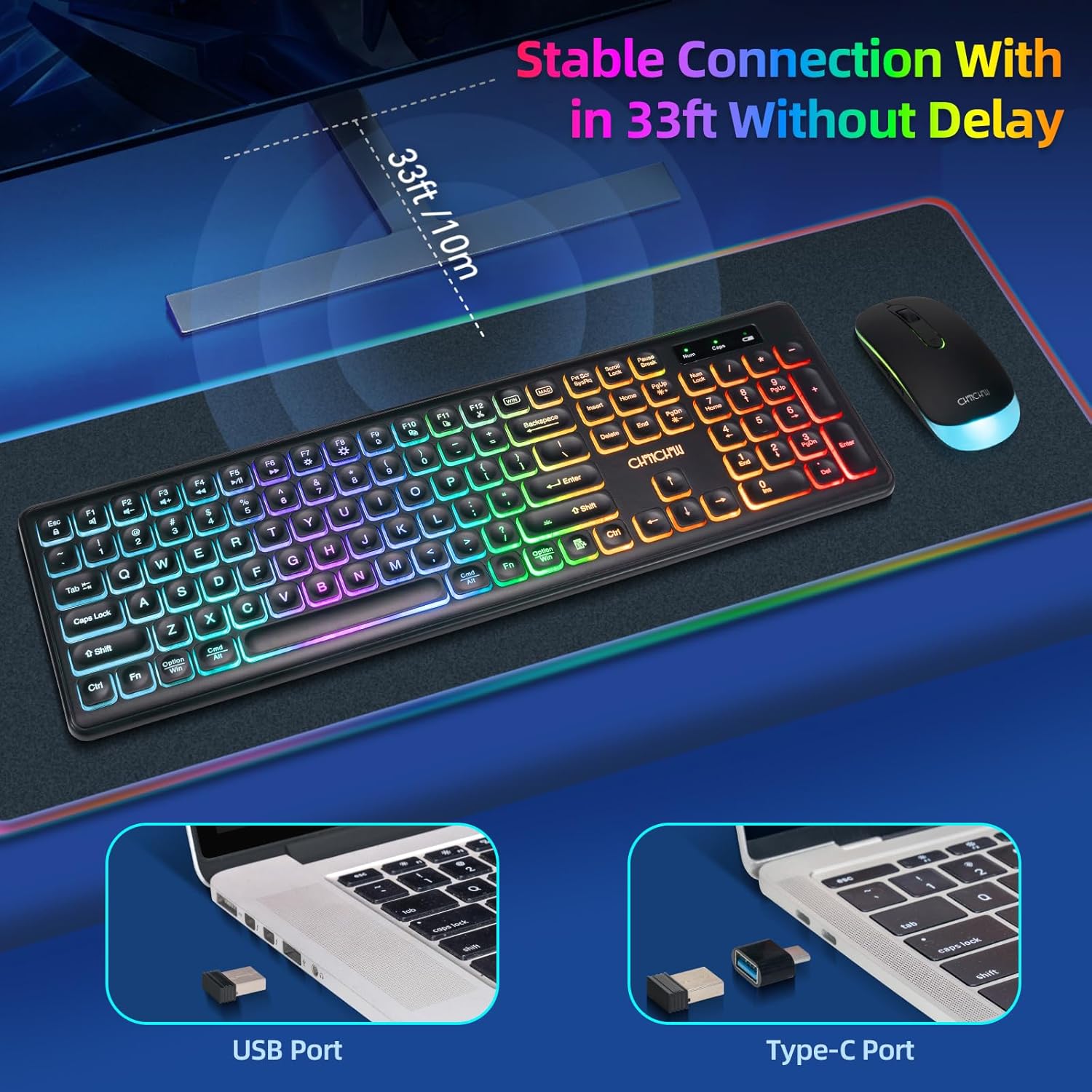 Wireless Keyboard and Mouse Combo, Rechargeable Rainbow LED Light Up Wireless Keyboard and Mouse 2.4GHz Quiet Mouse and Keyboard for Mac, Windows, Laptop, PC Xbox PS4 PS5 (Office/Gaming)