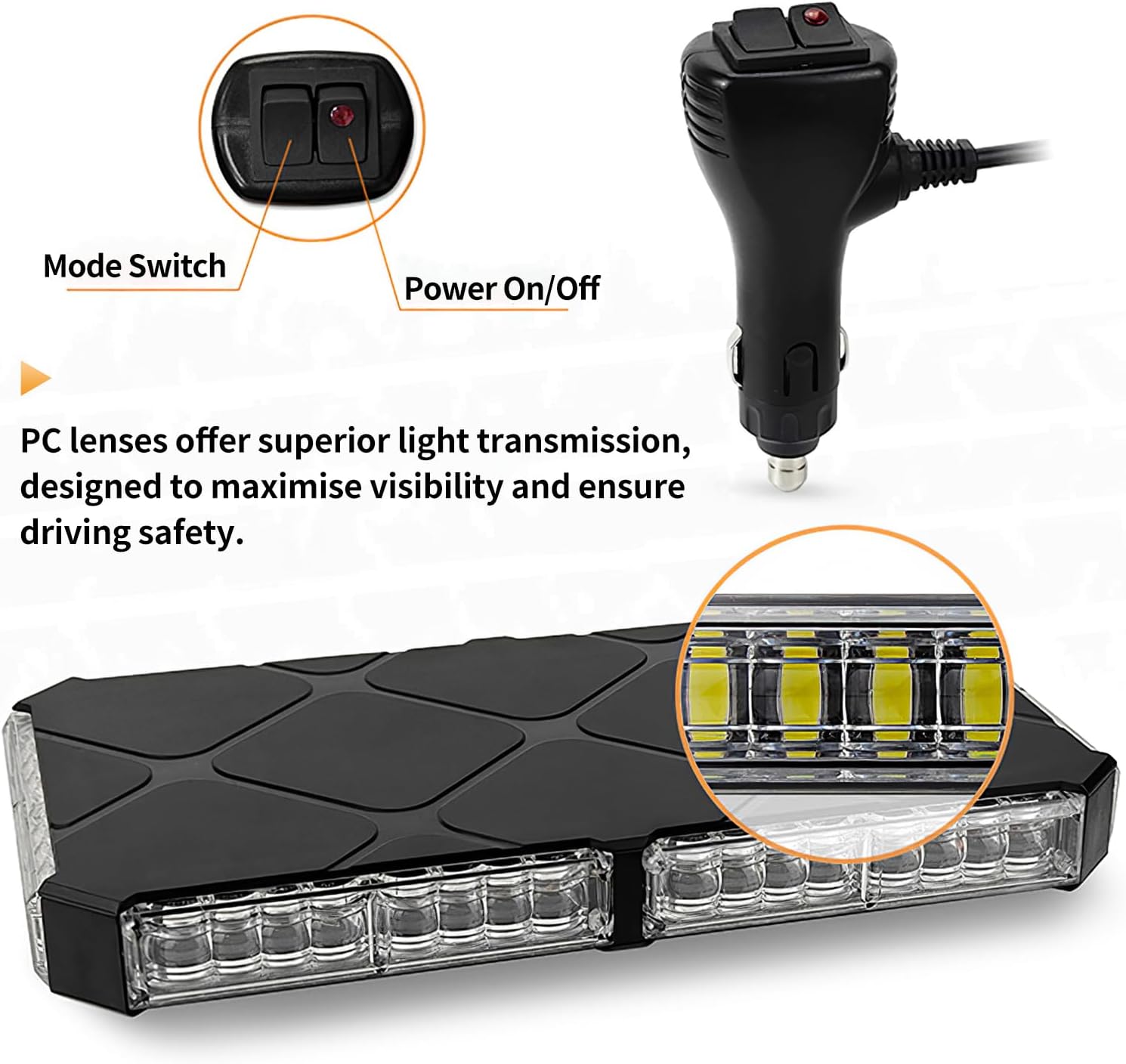 Roof Top Strobe Lights, High Visibility 48 LED Strobe Light, Waterproof Beacon Light with Magnetic & Rubber Suction for Trucks, Construction Vehicles & Commercial Trucks (Amber & White)