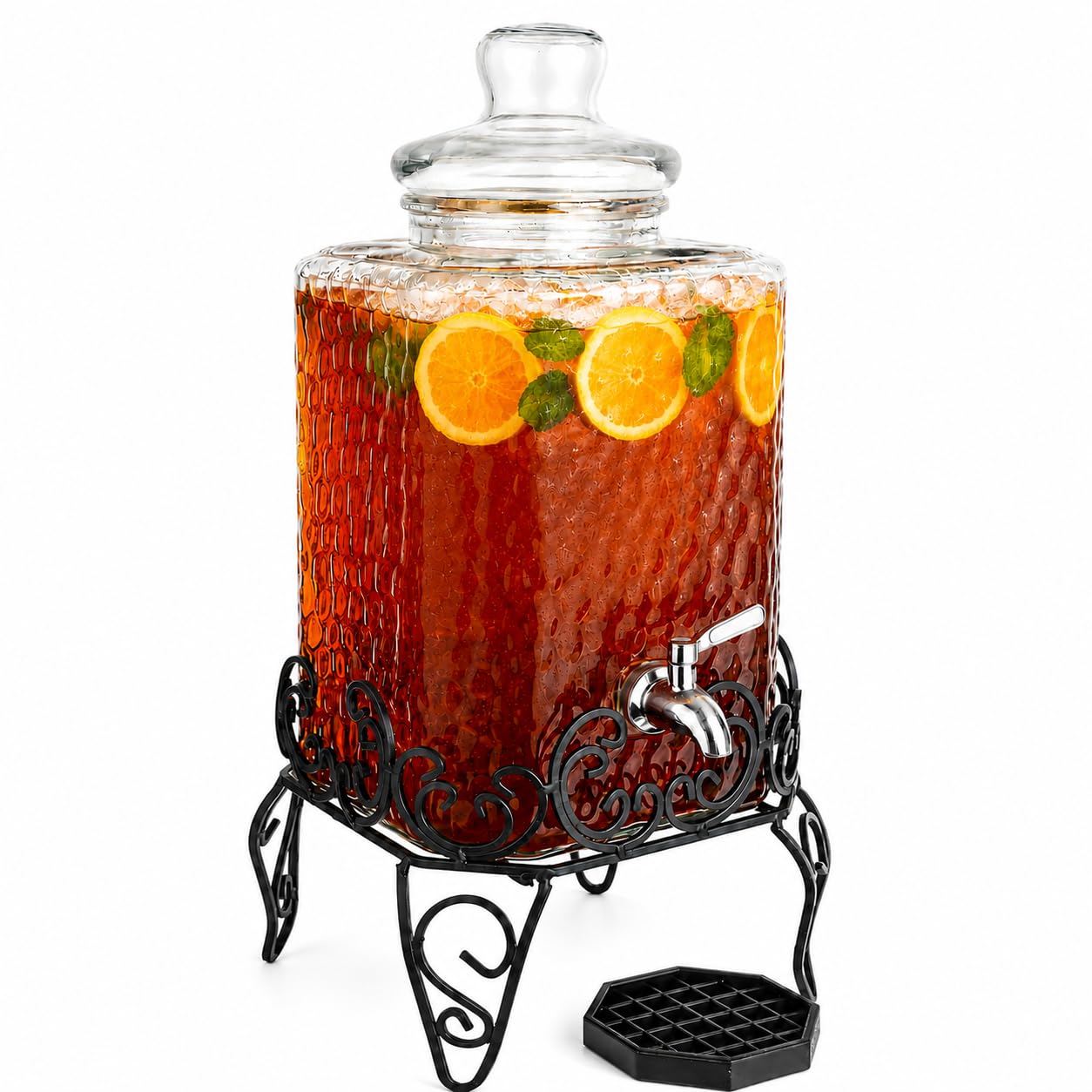 Dispensador de bebidas de vidrio de 2,5 galones con espiga de acero inoxidable sobre soporte de metal y bandeja de goteo, dispensador de tarro decorativo para té, té helado o kombucha