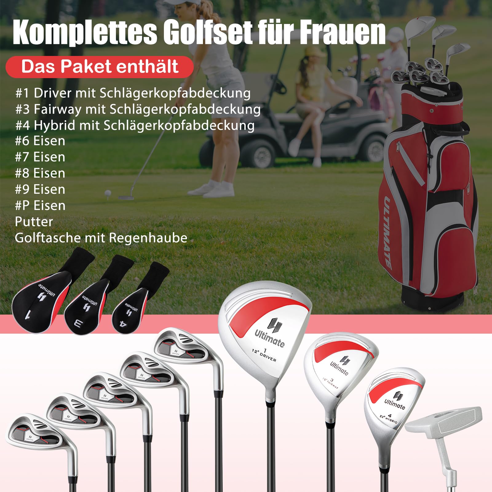 GOPLUS 10er Golfschläger Set für Frauen, Golfschlägersätze inkl. 460cc 1# Alloy Driver, 3# Fairway Wood, 4# Hybrid, 6-9# Eisen, 1 Putter & Standtasche, 3 Wälder mit Kopfbedeckungen