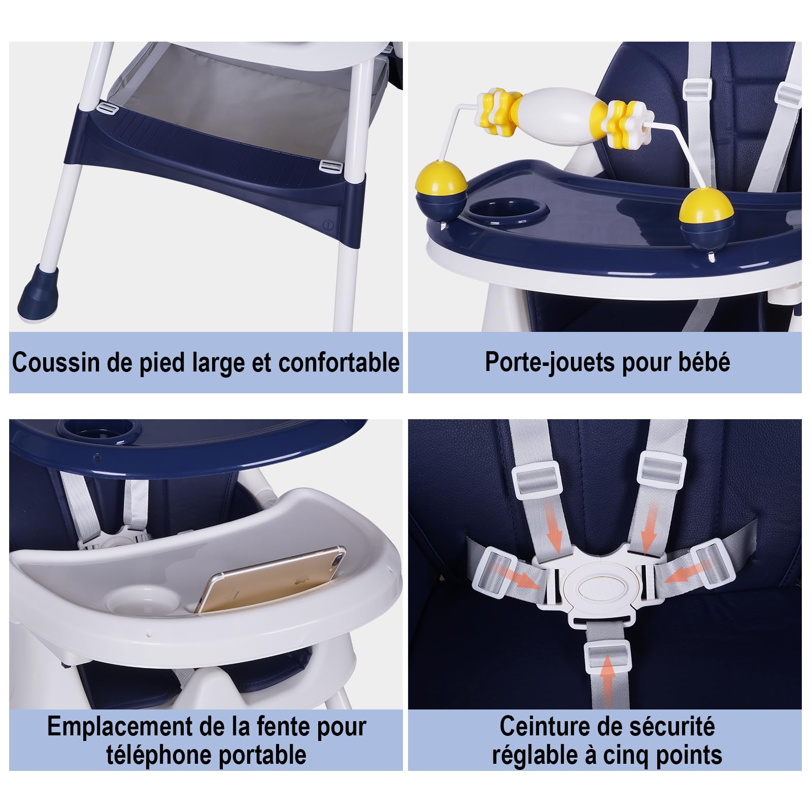 Chaise Haute Bébé Pliable Chaise Enfant Voyage avec roulettes, dossier réglable, tablette amovible, siège avec ceinture de sécurité pour 6 mois à 6 ans Repas Bébé 20kg (Bleu foncé)