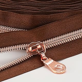 Sawoake 10 Yards Bulk Zipper(#5), Brown Nylon Coil with AntiqueBrass Teeth By The Yards, Replacement Sewing Zipper with 10PCS Sliders for DIY Sewing Craft Bags(#5 AntiqueBrassBrown)