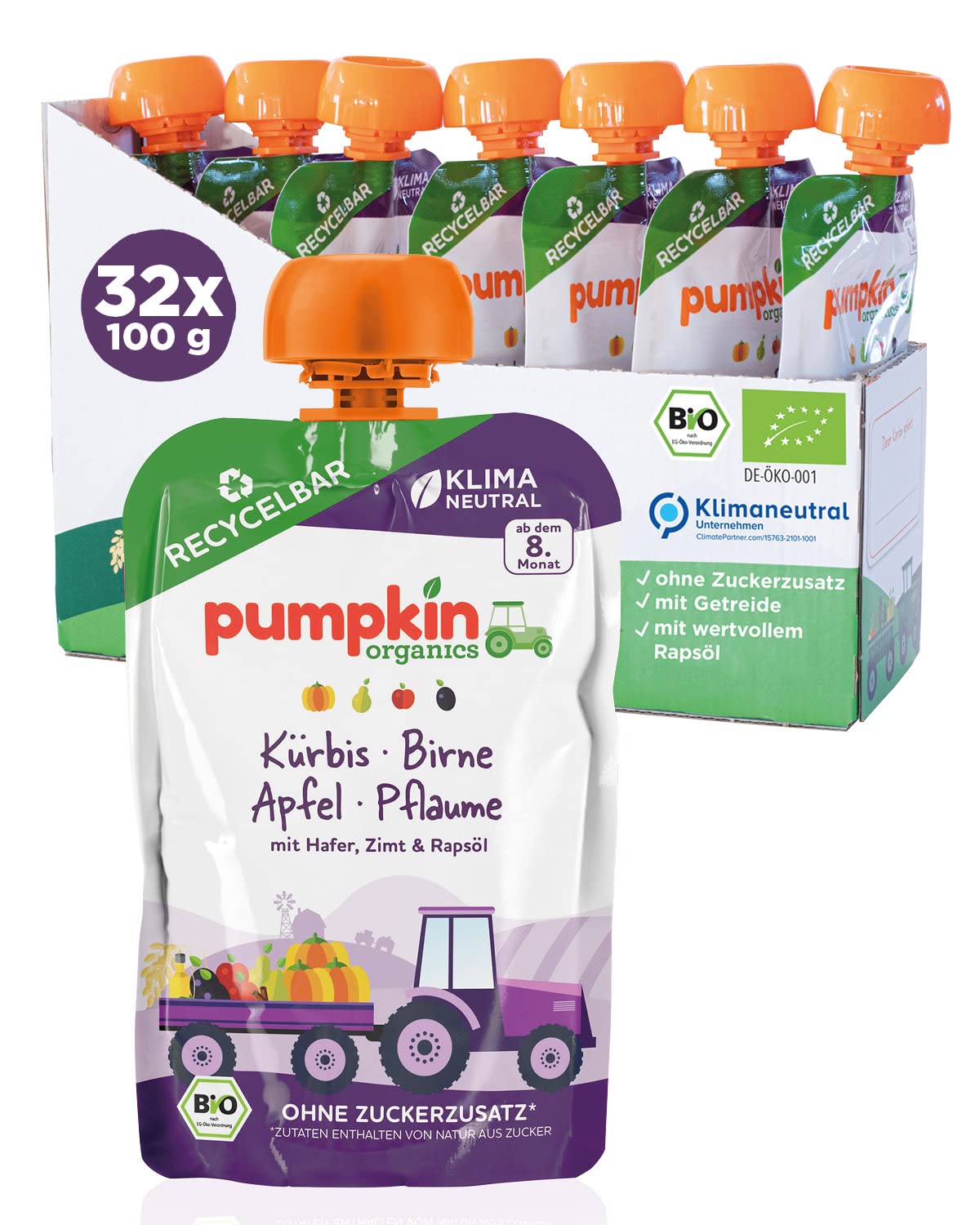 Bio Quetschie Kürbis, Birne, Apfel, Pflaume, Hafer, Zimt & Rapsöl - Gemüsepüree, Fruchtmus und Getreide für Babys ab dem 8. Monat. Recycelbarer Quetschbeutel, 32er Pack (32x100g)
